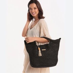 Heidi Klein Grace Bay Large Woven Raffia Bucket Bag Black Tassel New Condition